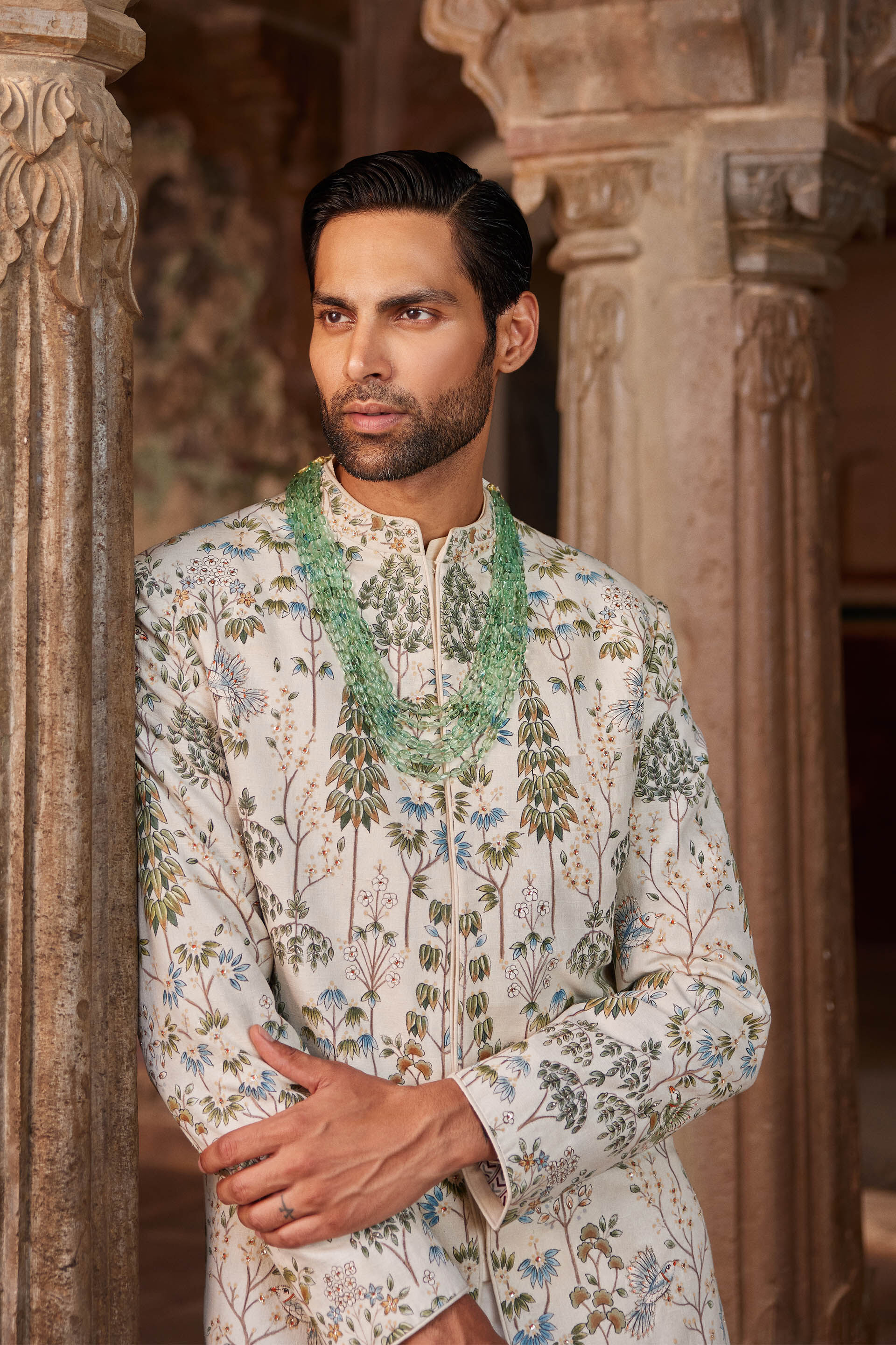 Shahoor Hand-painted Pichhwai Sherwani - Off White, Off White, image 4